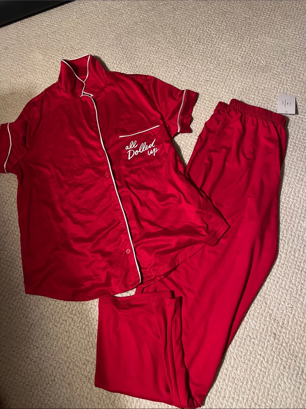 kate spade Red Short-Sleeve Satin Pajama Set with White Piping